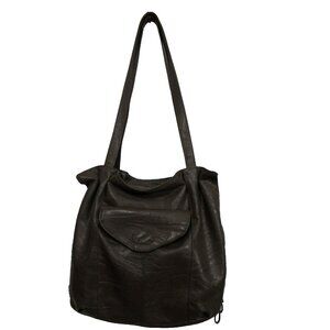 Womens Shoulder Bag Vegan Leather Brown Hobo Outside Flap Pocket Flat Bottom